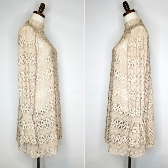 Free People Medium Light Brown Nude Lace Bell Sleeve Short Cocktail Party Dress - Picture 2 of 10